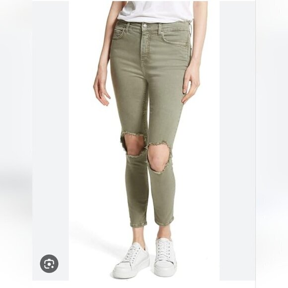 NWT FREE PEOPLE | Denim Destroyed Skinny Jeans moss green sz 24 - Picture 2 of 7